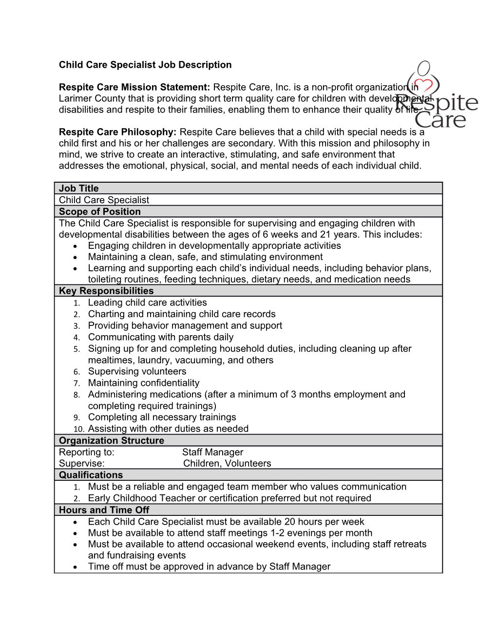 Child Care Specialist Job Description