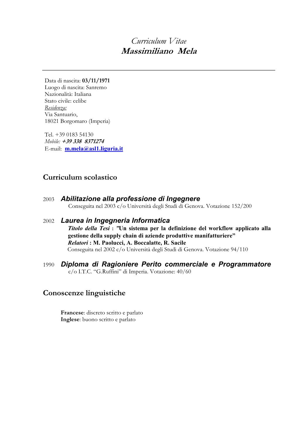 Curriculum Vitae Massimiliano Mela