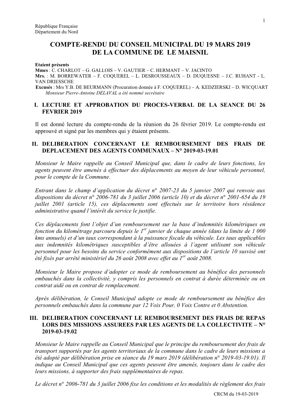 Compte-Rendu Du Conseil Municipal Du 19 Mars 2019 De La Commune De Le Maisnil