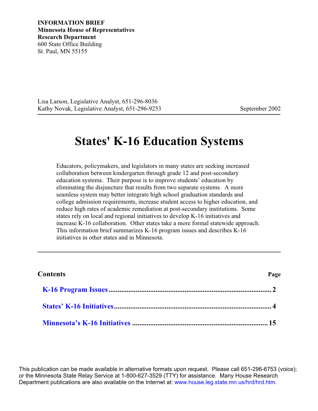 States' K-16 Education Systems