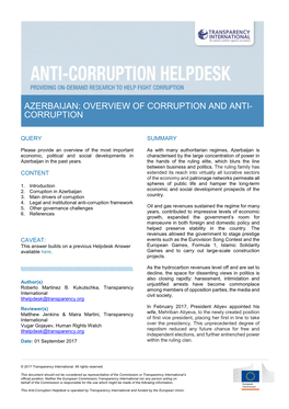 Azerbaijan: Overview of Corruption and Anti- Corruption