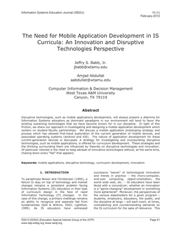 The Need for Mobile Application Development in IS Curricula: an Innovation and Disruptive Technologies Perspective