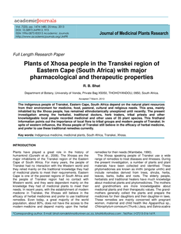 Plants of Xhosa People in the Transkei Region of Eastern Cape (South Africa) with Major Pharmacological and Therapeutic Properties