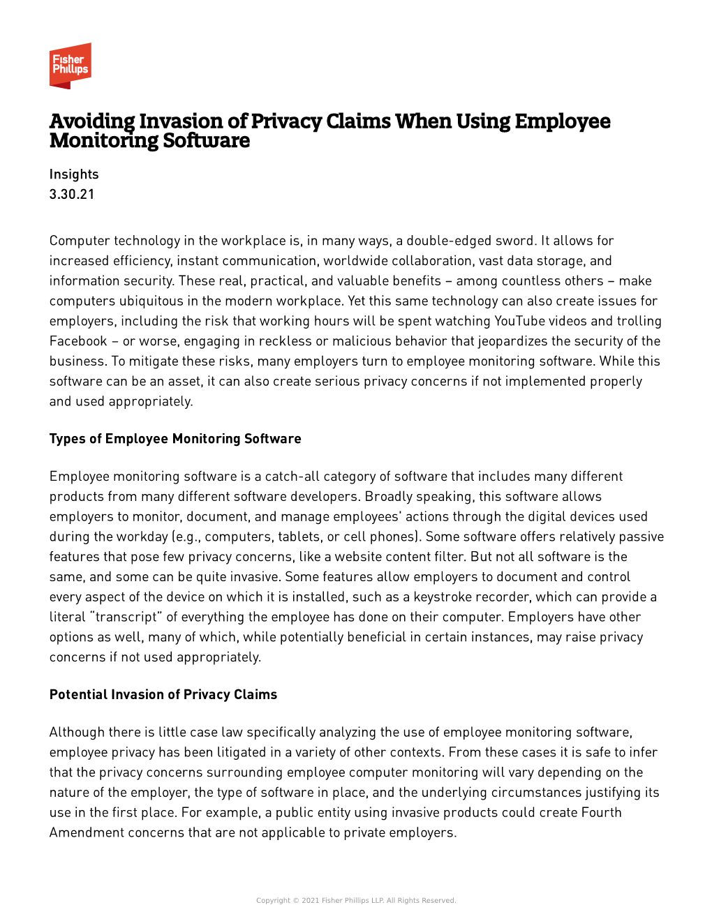 Avoiding Invasion of Privacy Claims When Using Employee Monitoring Software Insights 3.30.21