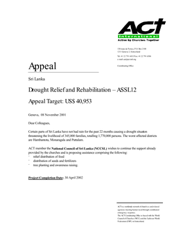 Appeal Sri Lanka Drought Relief and Rehabilitation
