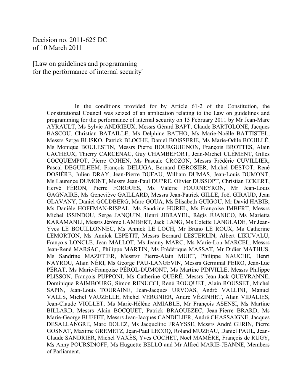 Decision No. 2011-625 DC of 10 March 2011