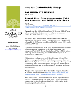 News From: ​Oakland Public Library for IMMEDIATE RELEASE