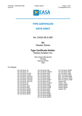 EASA.IM.A.085 Issue 5 Hawker Beechcraft Hawker Series