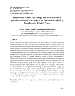 Dimensions of Land Use Change and Implications in Spatial Planning of Emerging Town Bedkot Municipality, Kanchanpur District, Nepal