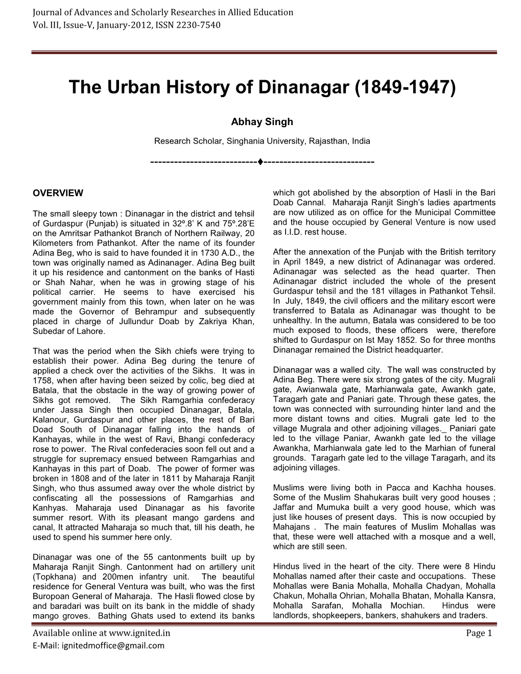 The Urban History of Dinanagar (1849-1947)