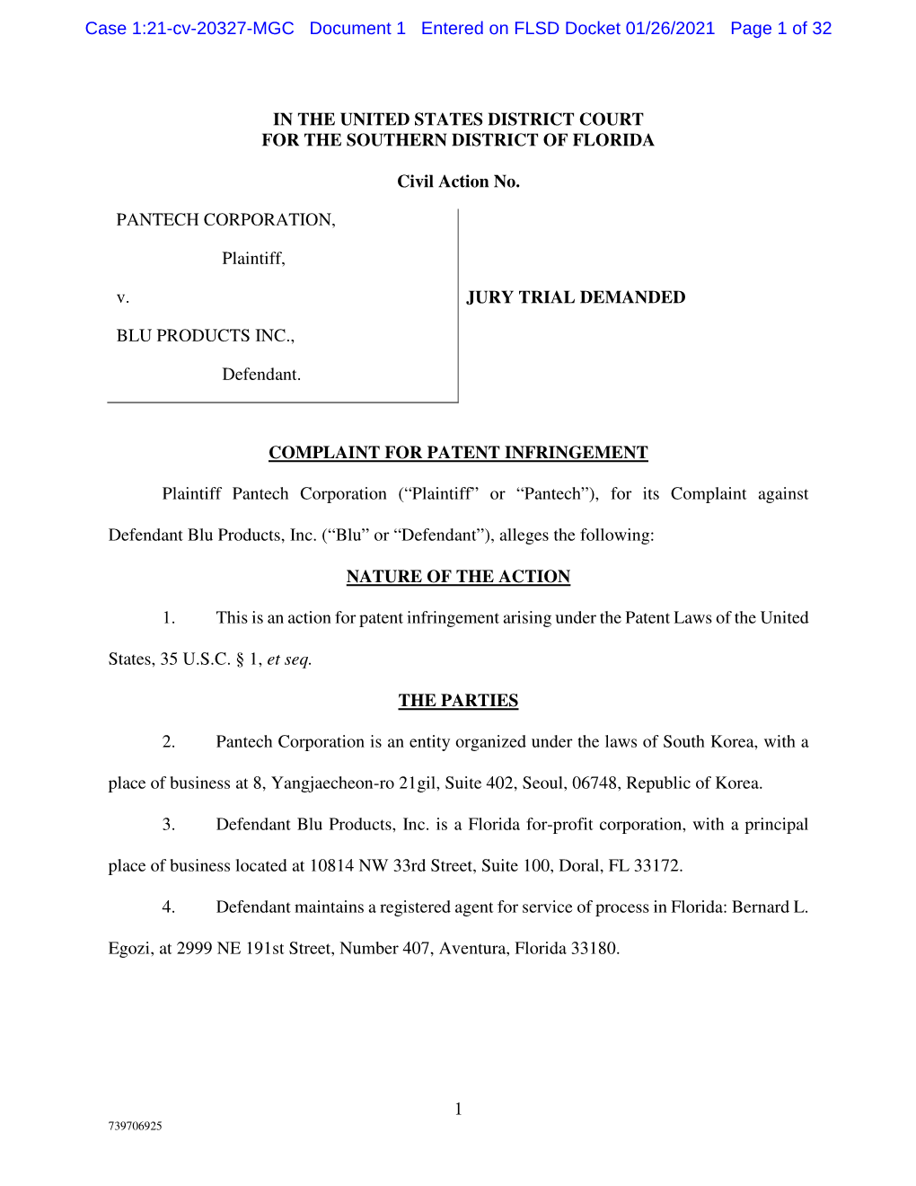 Case 1:21-Cv-20327-MGC Document 1 Entered on FLSD Docket 01/26/2021 Page 1 of 32