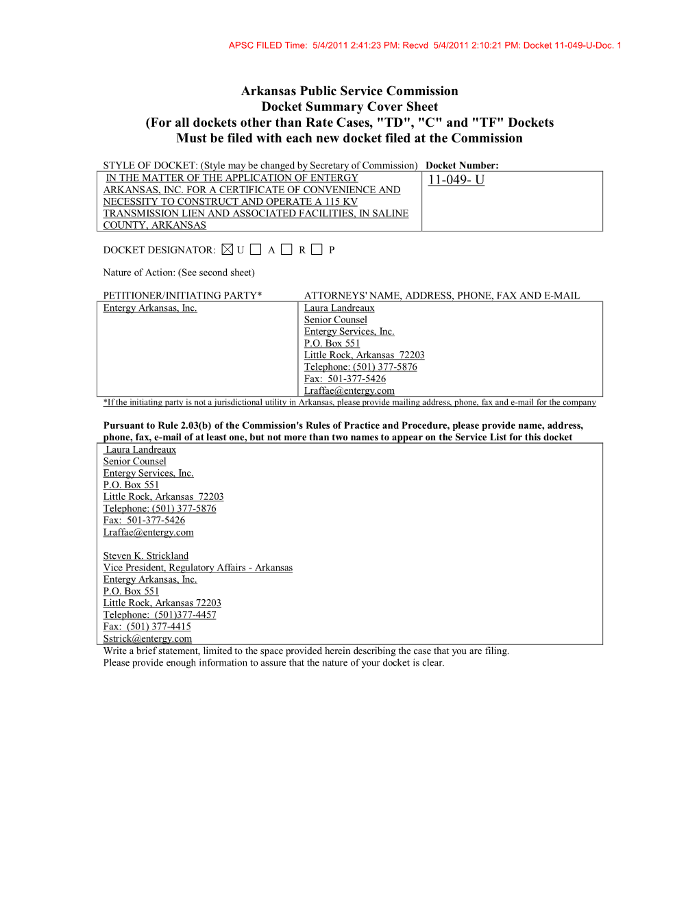 Arkansas Public Service Commission Docket Summary Cover Sheet