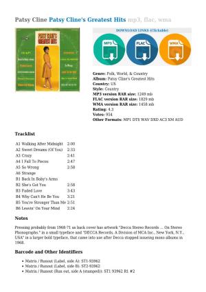 Patsy Cline's Greatest Hits Mp3, Flac, Wma