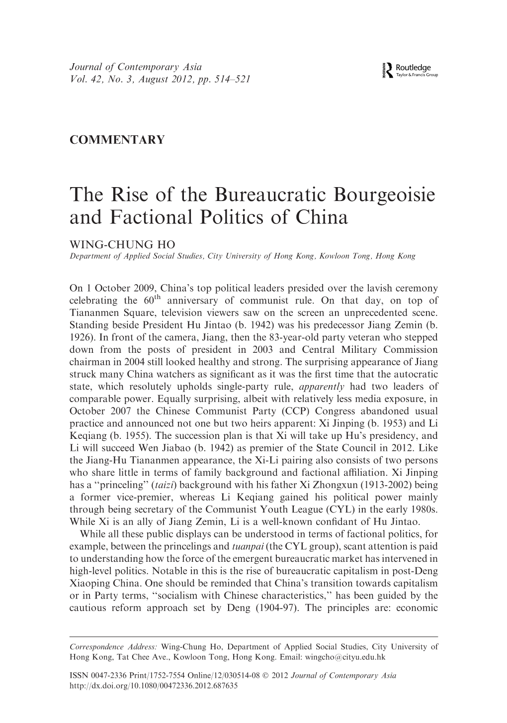 The Rise of the Bureaucratic Bourgeoisie and Factional Politics of China