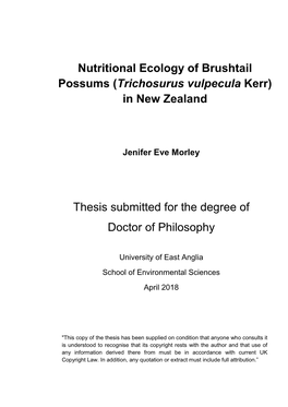 Nutritional Ecology of Brushtail Possums (Trichosurus Vulpecula Kerr)