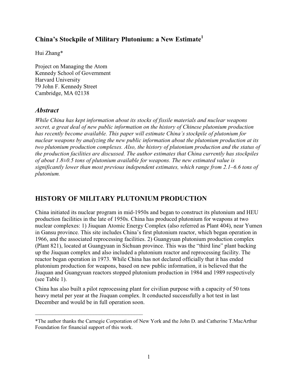 China's Plutonium and HEU Production and Stocks