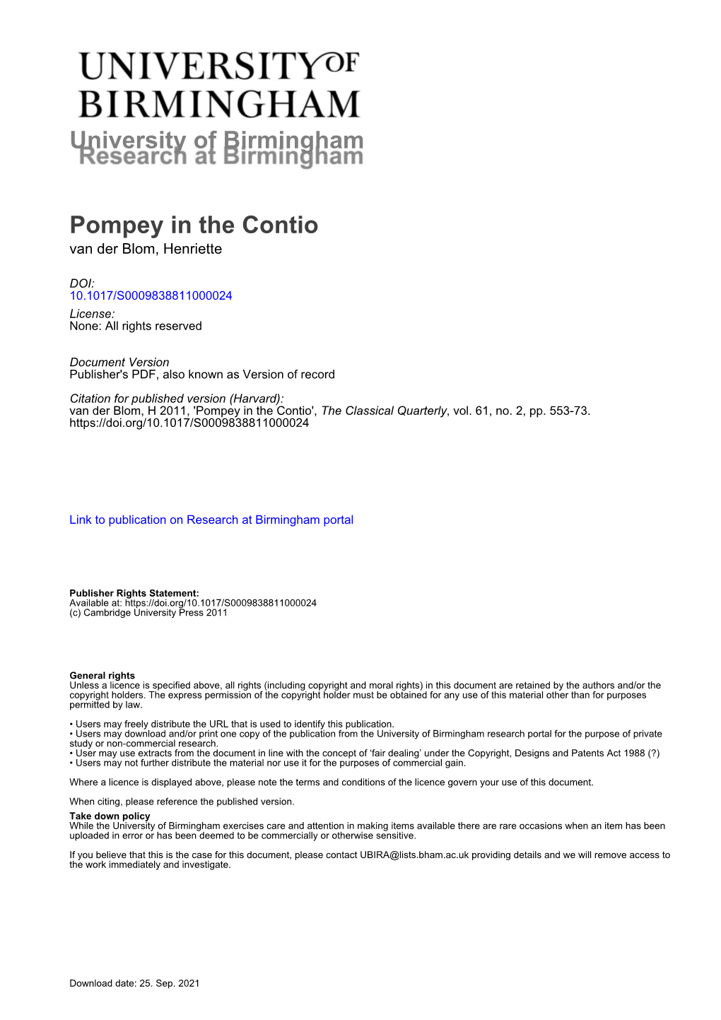 University of Birmingham Pompey in the Contio