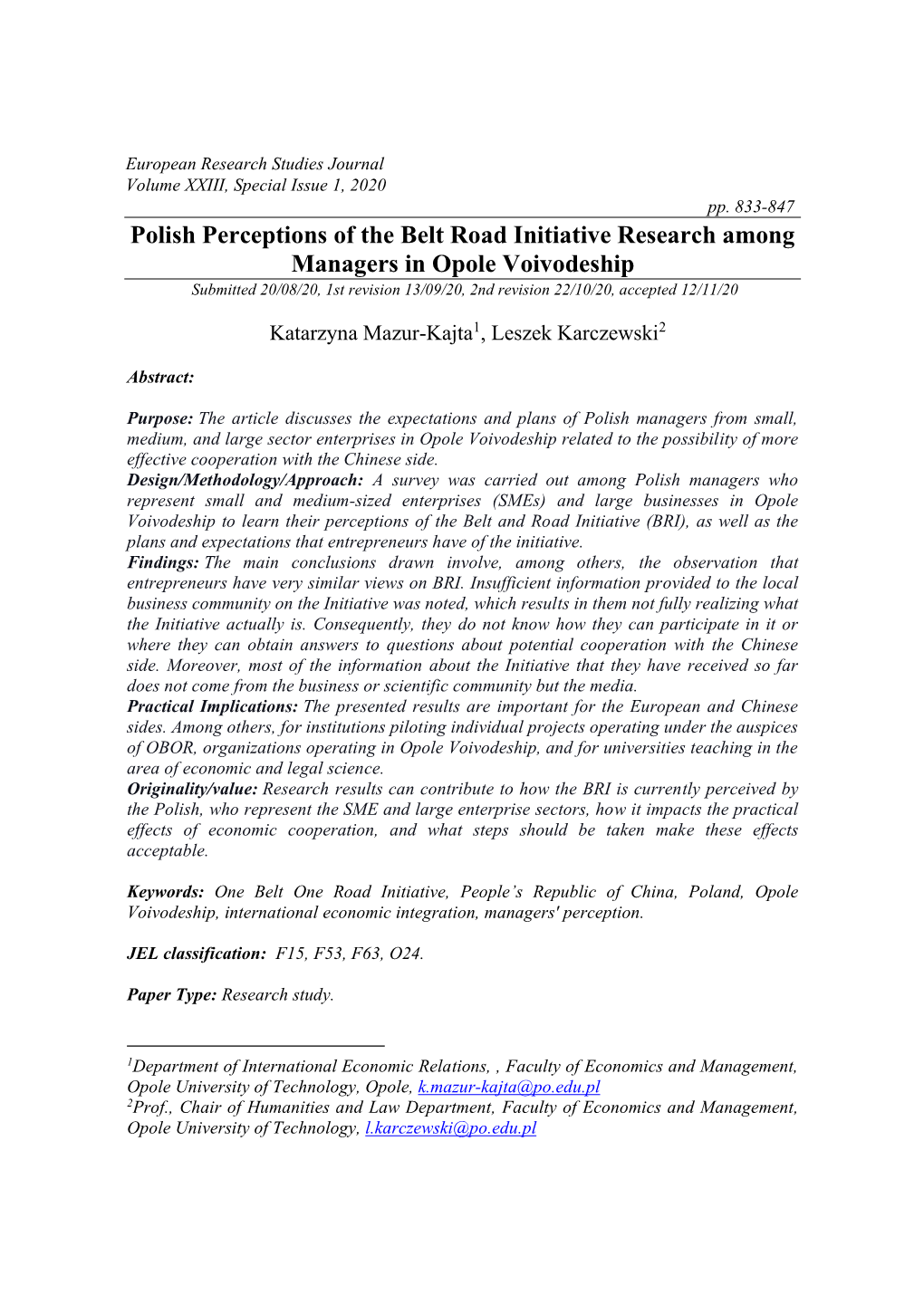 Polish Perceptions of the Belt Road Initiative Research Among