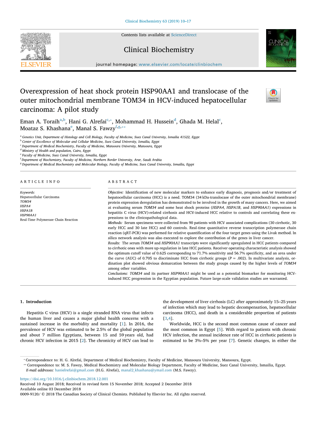 Overexpression of Heat Shock Protein HSP90AA1 and Translocase of The