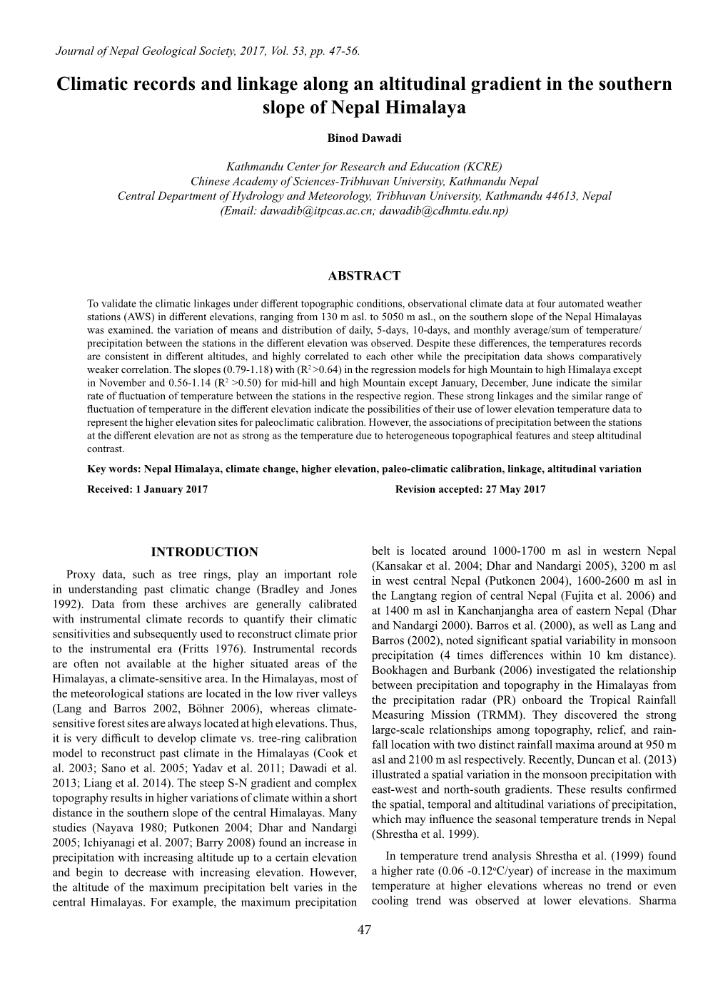 Climatic Records and Linkage Along an Altitudinal Gradient in the Southern