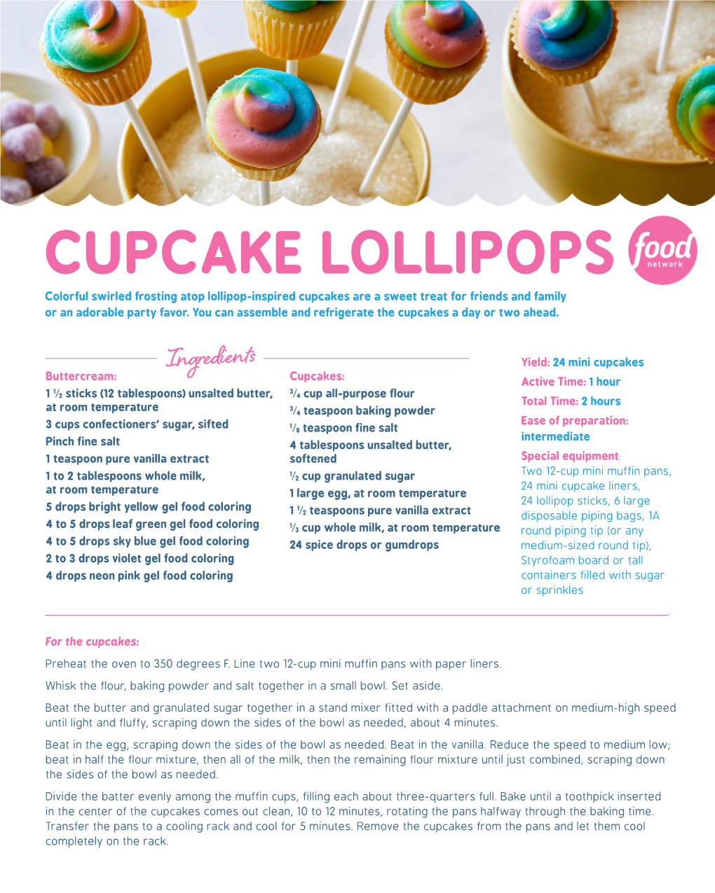 CUPCAKE LOLLIPOPS Colorful Swirled Frosting Atop Lollipop-Inspired Cupcakes Are a Sweet Treat for Friends and Family Or an Adorable Party Favor