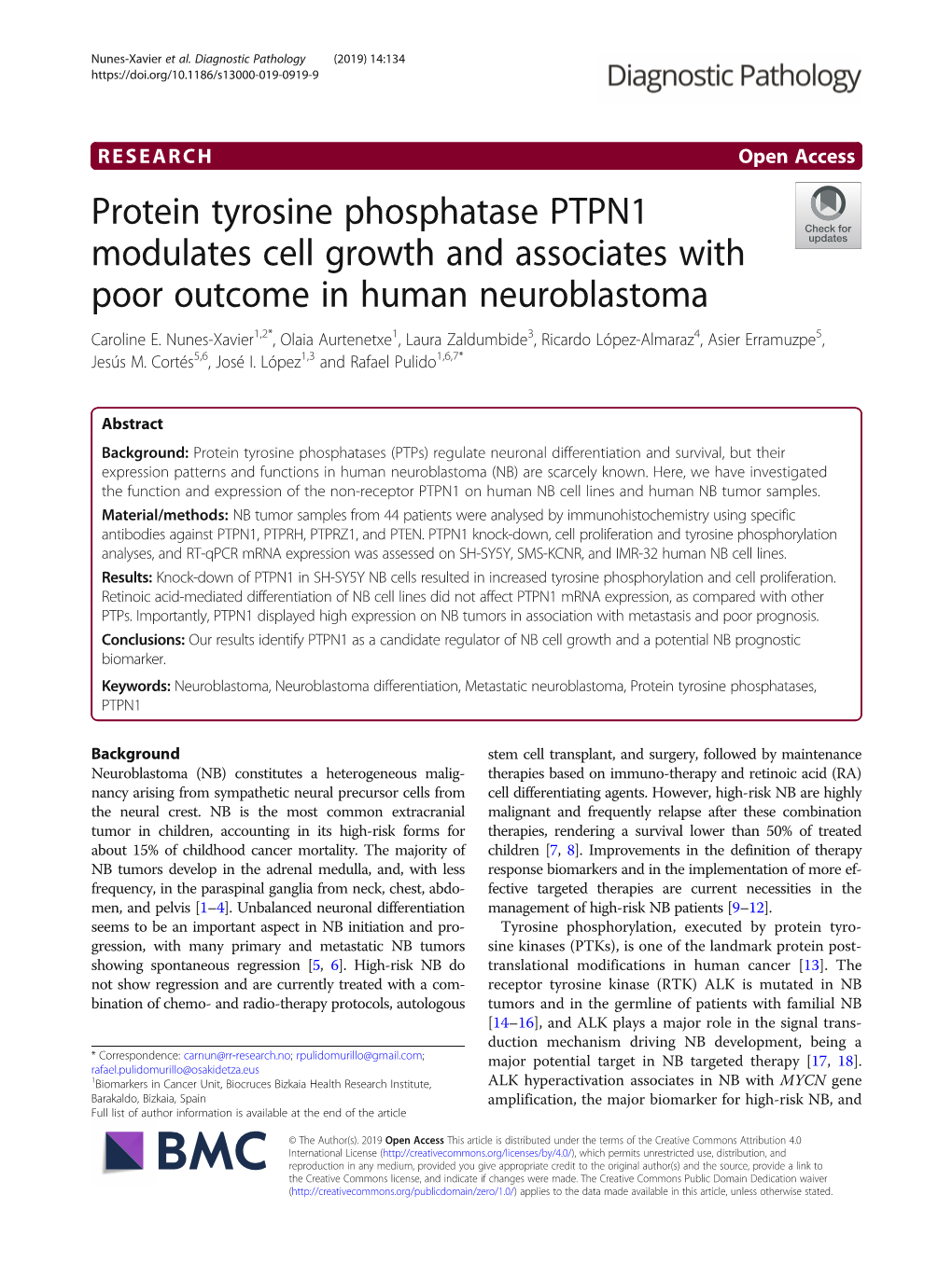 Protein Tyrosine Phosphatase PTPN1 Modulates Cell Growth and Associates with Poor Outcome in Human Neuroblastoma Caroline E