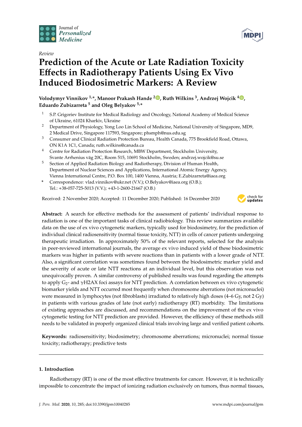 Prediction of the Acute Or Late Radiation Toxicity Effects In