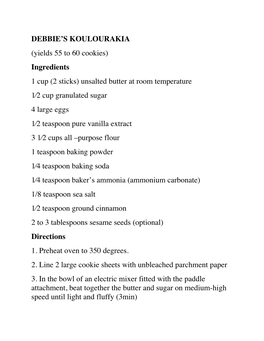 DEBBIE's KOULOURAKIA (Yields 55 to 60 Cookies) Ingredients 1 Cup (2