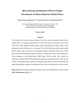 Risk and Expected Returns of Private Equity Investments: Evidence Based on Market Prices