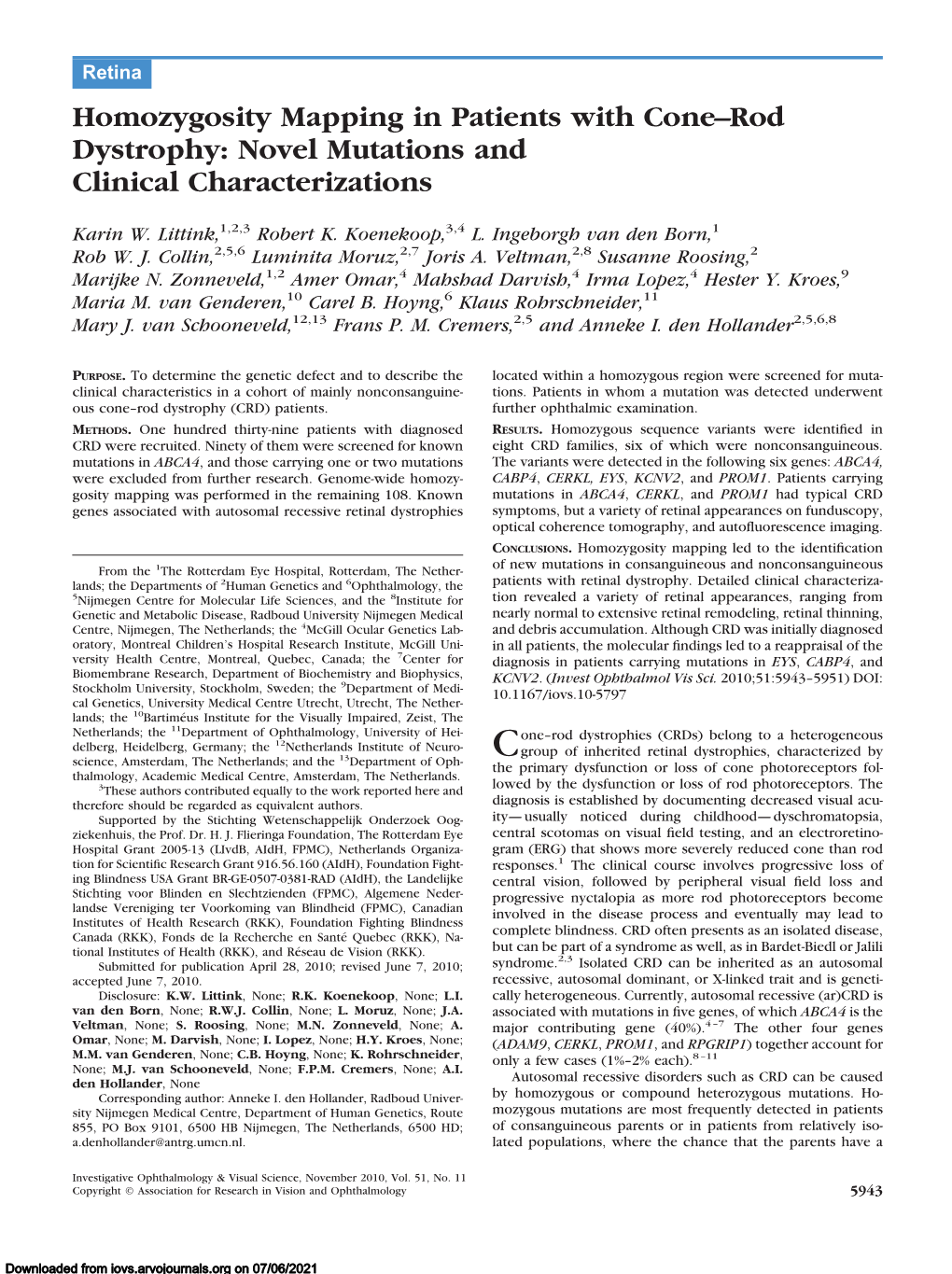 Homozygosity Mapping in Patients with Cone–Rod Dystrophy: Novel Mutations and Clinical Characterizations