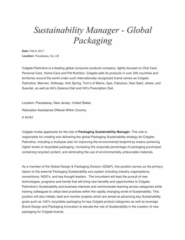Sustainability Manager - Global Packaging