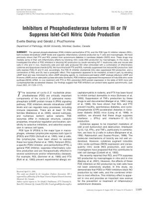Inhibitors of Phosphodiesterase Isoforms III Or IV Suppress Islet-Cell Nitric Oxide Production Evette Beshay and Gérald J