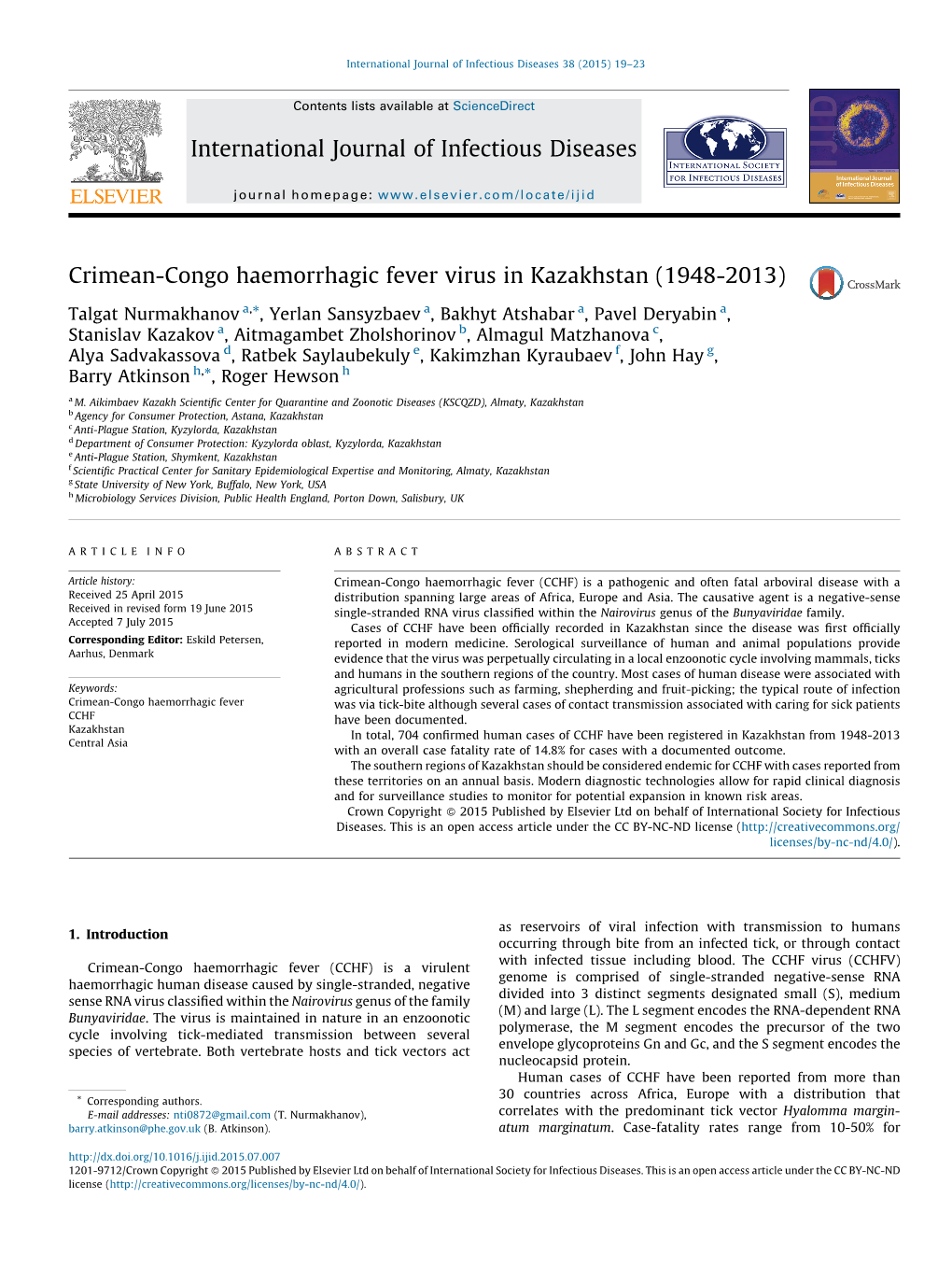 Crimean-Congo Haemorrhagic Fever Virus in Kazakhstan (1948-2013)