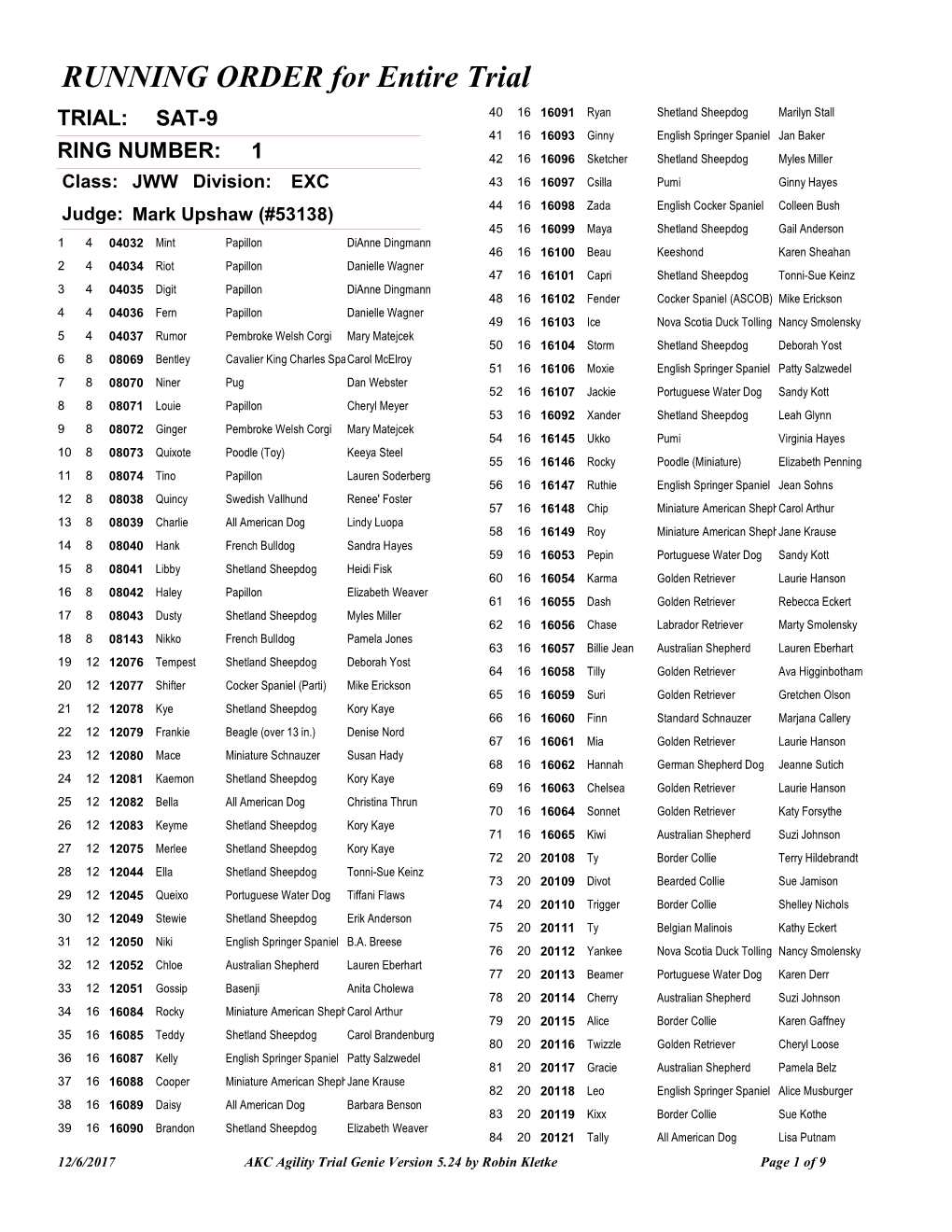 Running Order Report