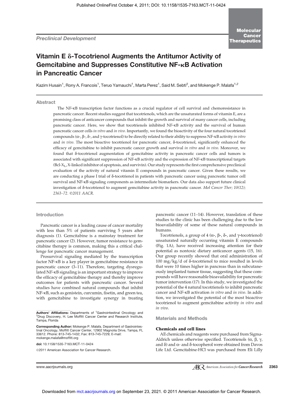 Vitamin E D-Tocotrienol Augments the Antitumor Activity of Gemcitabine and Suppresses Constitutive NF-Kb Activation in Pancreatic Cancer