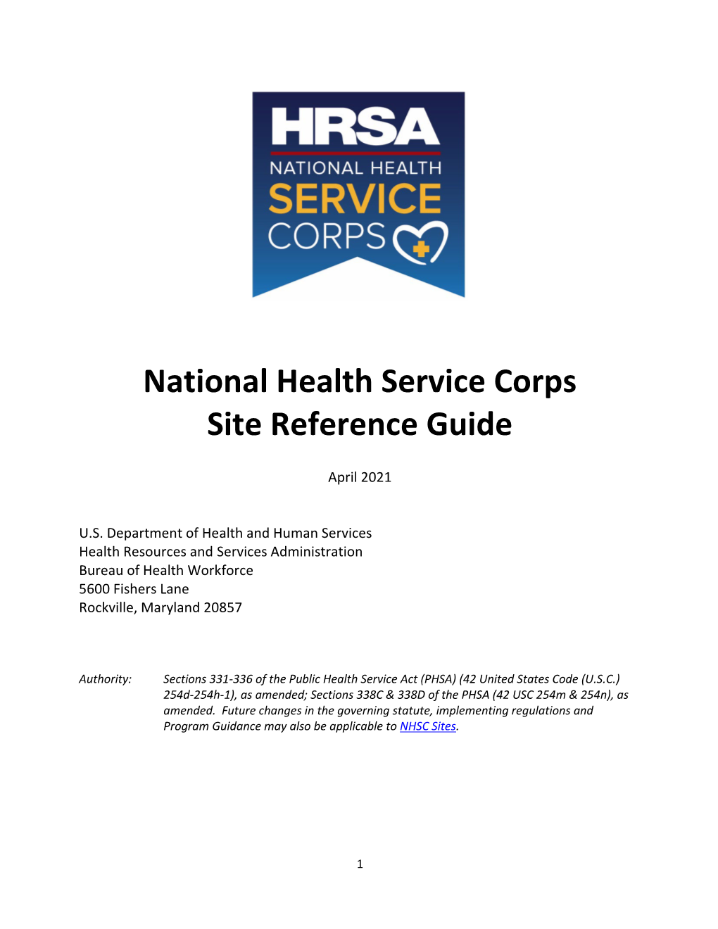 NHSC Site Reference Guide Supplements the Information Contained in the Online NHSC Site Application