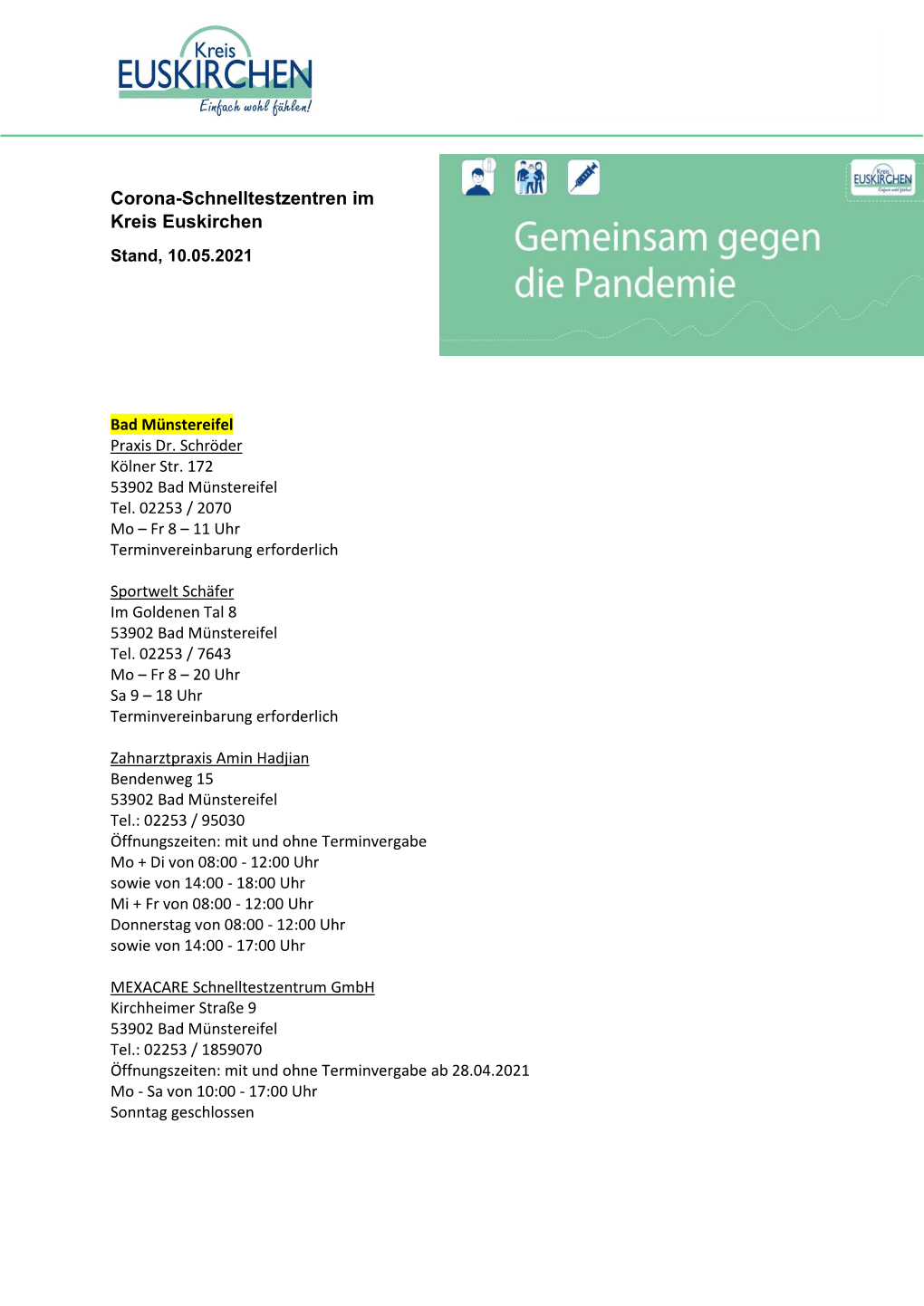 Corona-Schnelltestzentren Im Kreis Euskirchen Stand, 10.05.2021