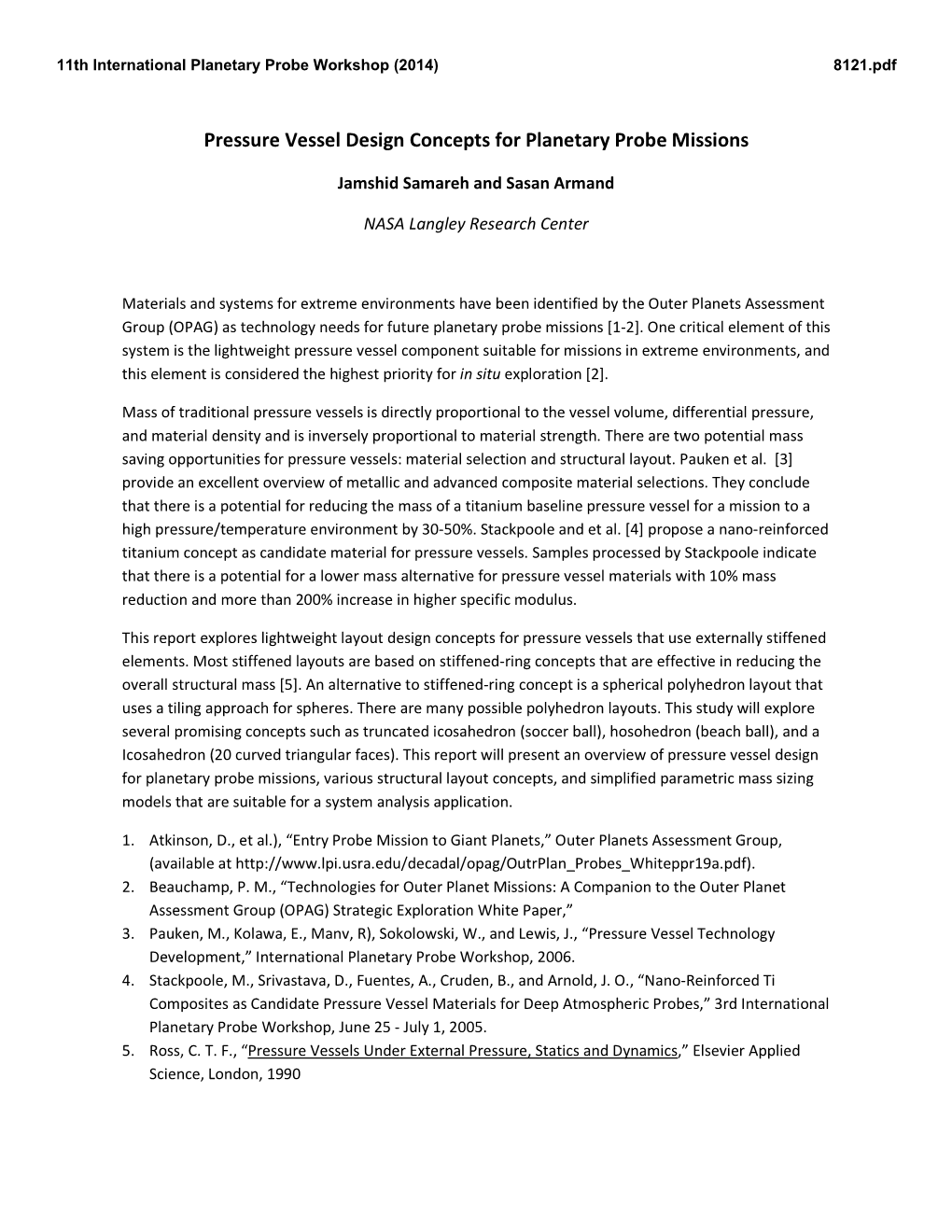 Pressure Vessel Design Concepts for Planetary Probe Missions