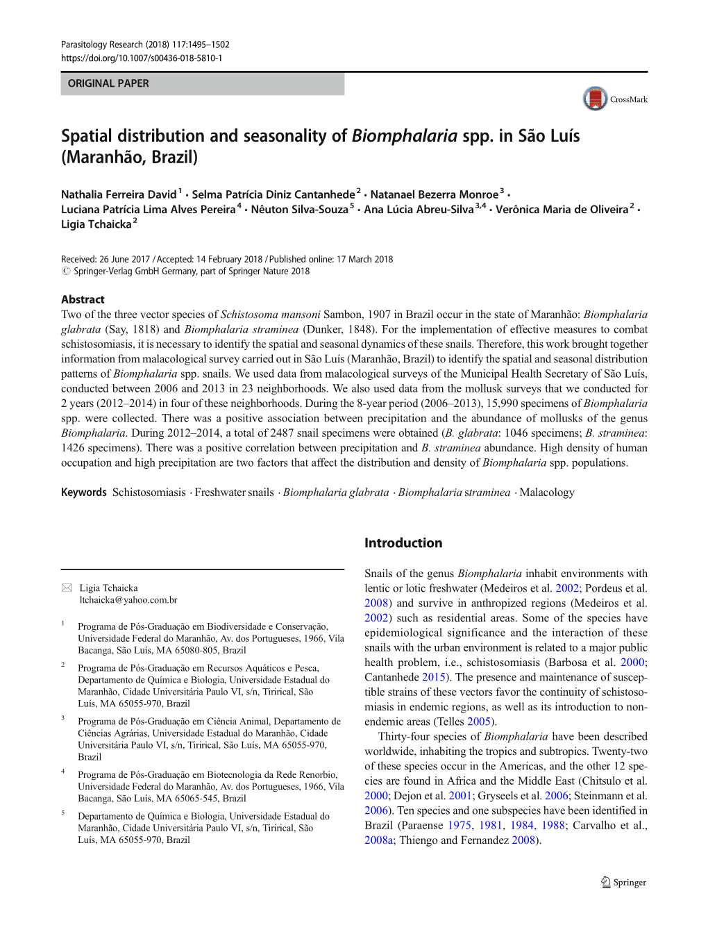 Spatial Distribution and Seasonality of Biomphalaria Spp