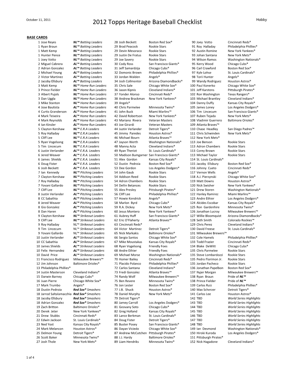 2012 Topps Heritage Baseball Checklist Hobby