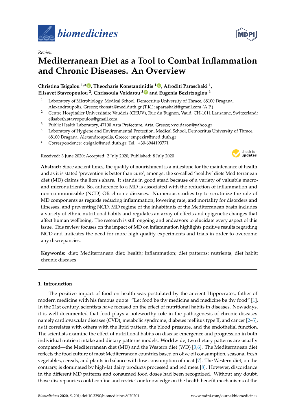 Mediterranean Diet As a Tool to Combat Inflammation and Chronic