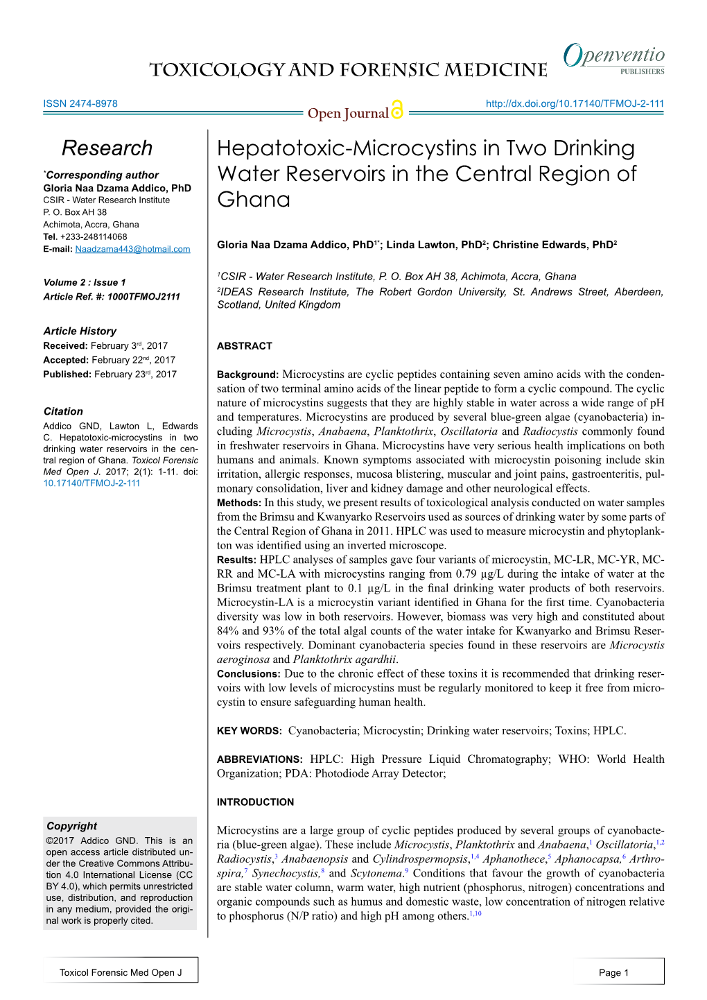 Hepatotoxic-Microcystins in Two Drinking Water Reservoirs in the Cen- in Freshwater Reservoirs in Ghana