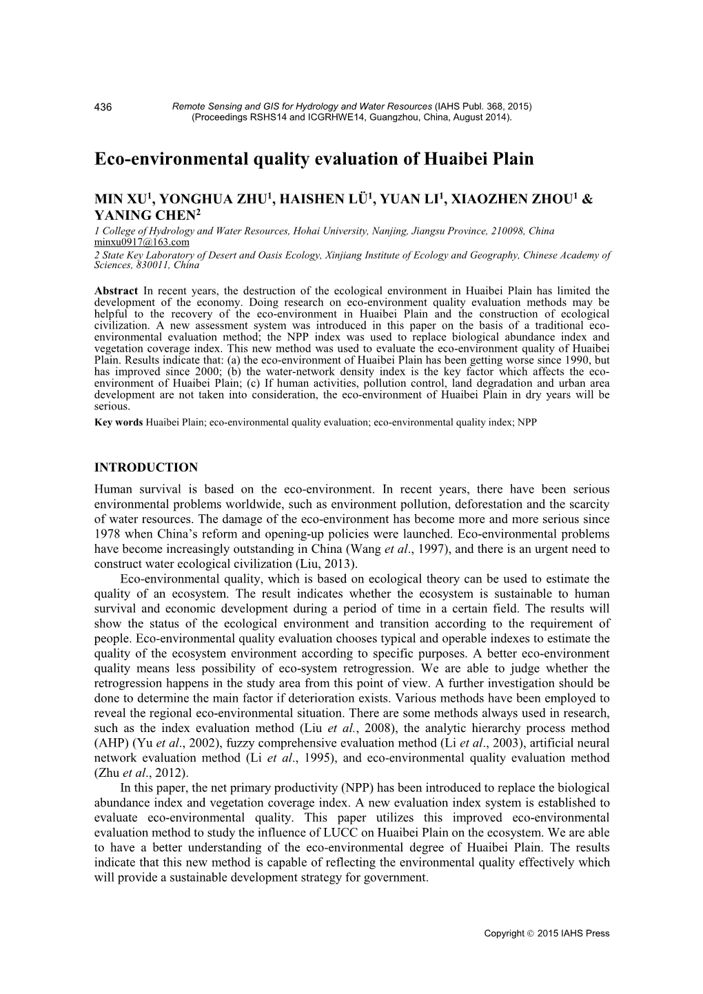 Eco-Environmental Quality Evaluation of Huaibei Plain