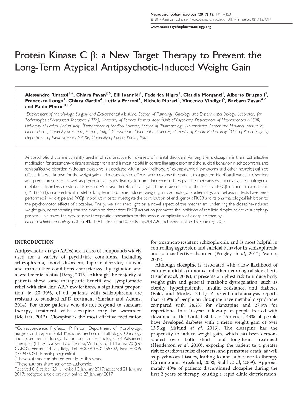 Protein Kinase C &Beta;: a New Target Therapy to Prevent the Long-Term Atypical Antipsychotic-Induced Weight Gain