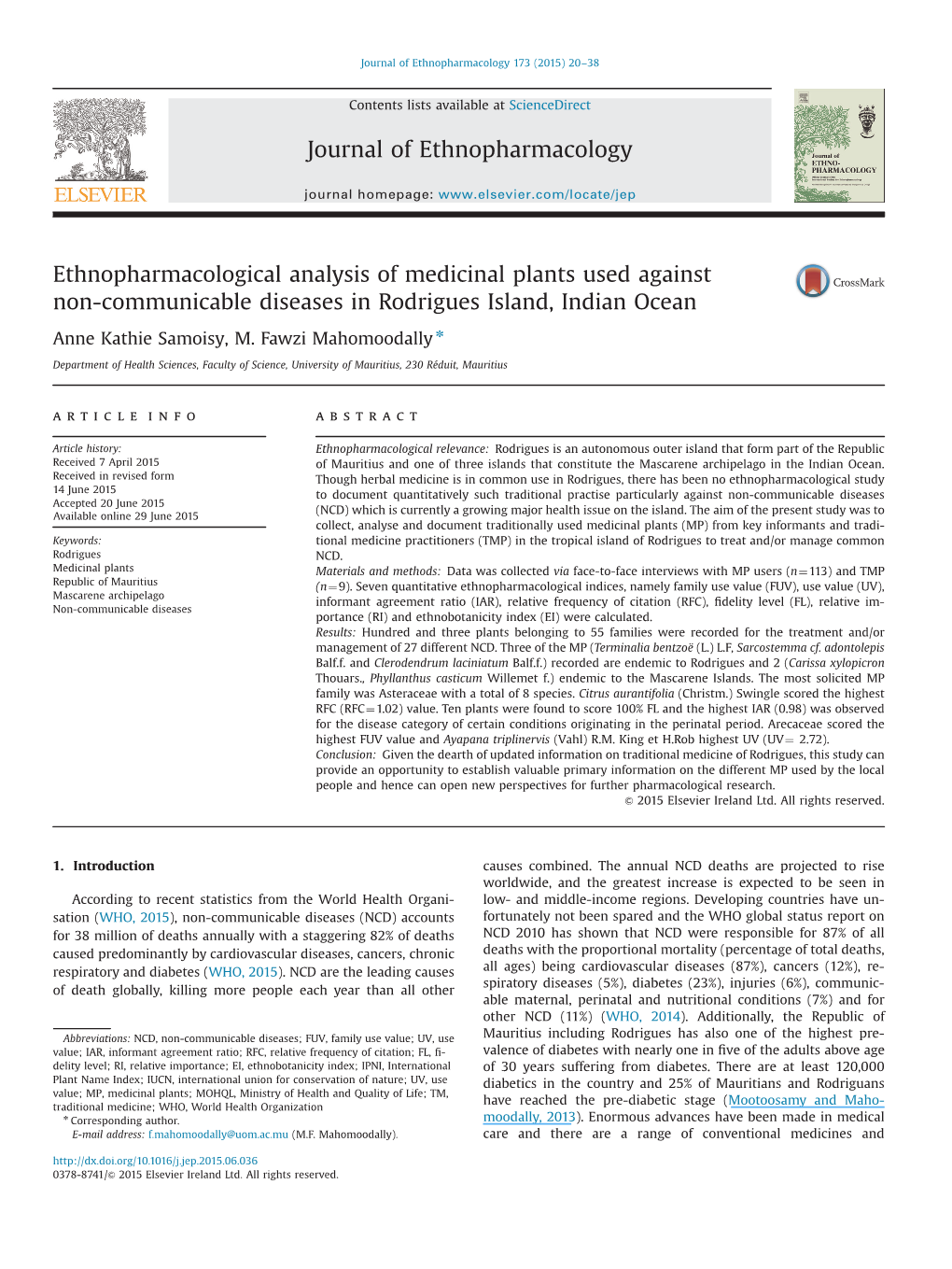 Ethnopharmacological Analysis of Medicinal Plants Used Against Non-Communicable Diseases in Rodrigues Island, Indian Ocean