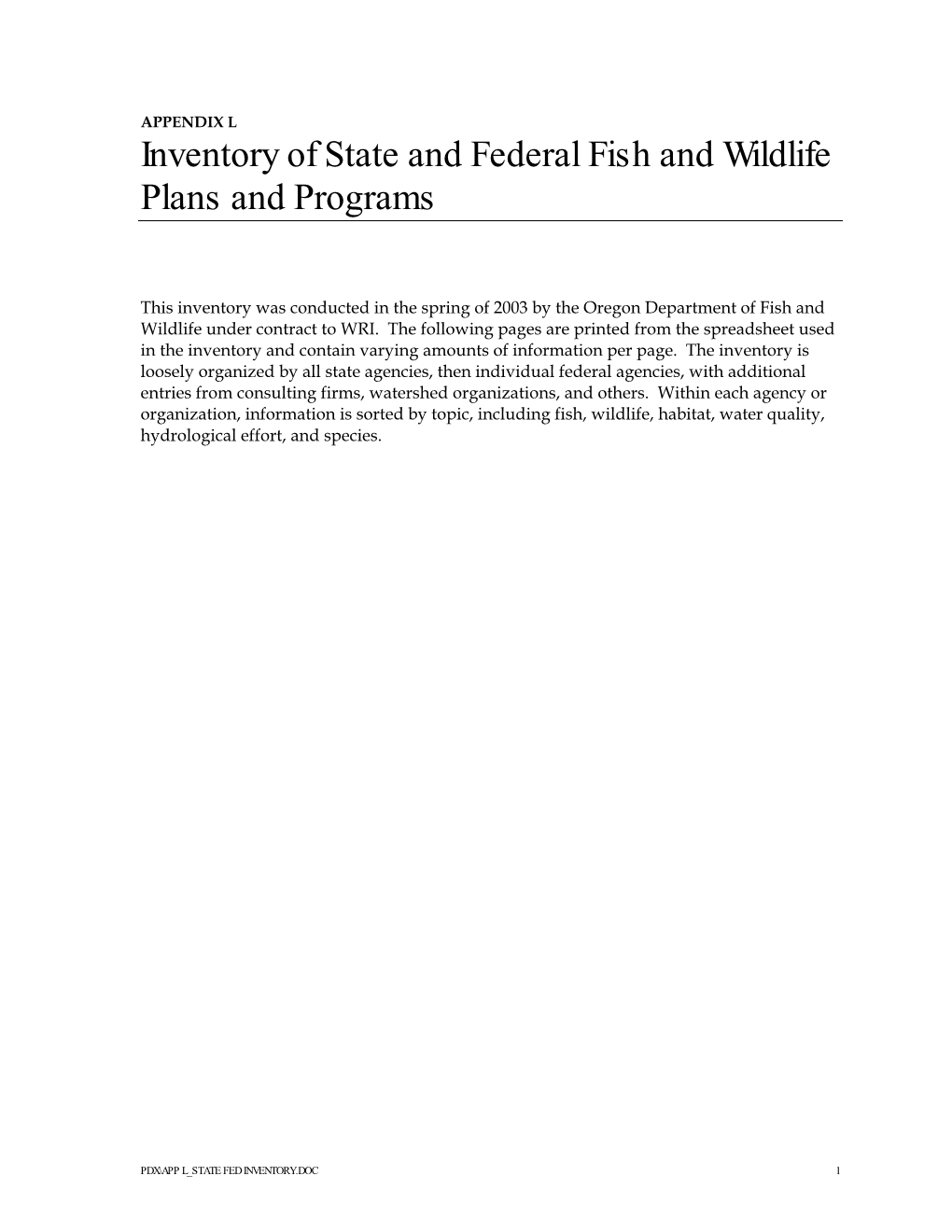 Inventory of State and Federal Fish and Wildlife Plans and Programs