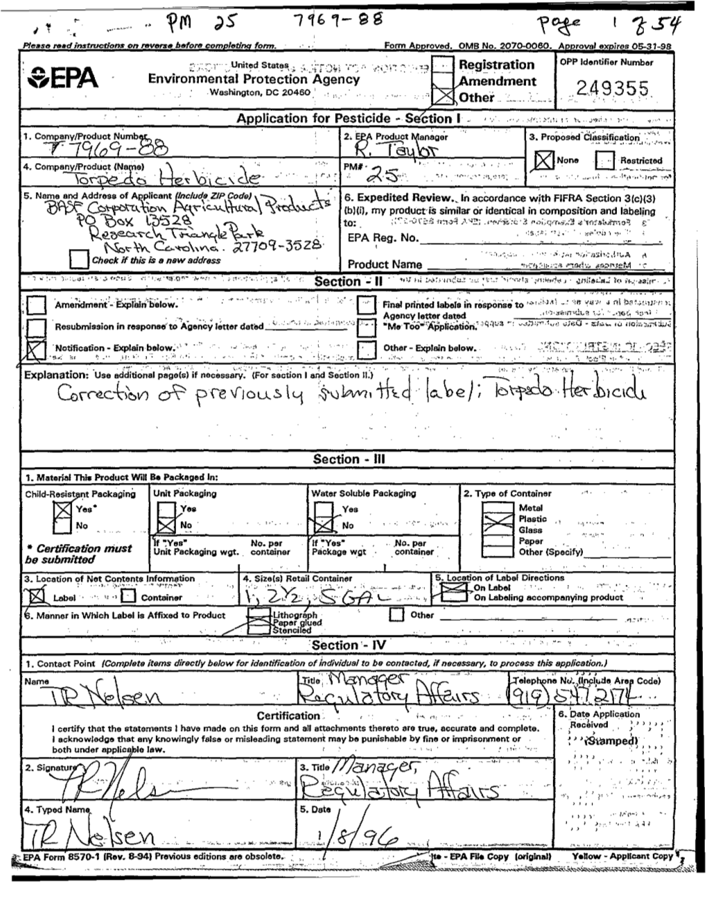 U.S. EPA, Pesticide Product Label, SEGMENT HERBICIDE, 01/16/1996