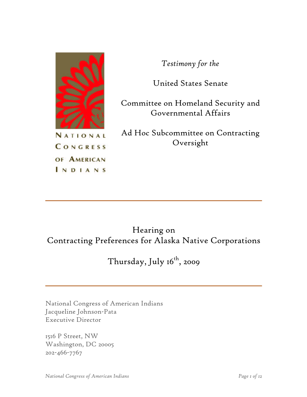 Hearing on Contracting Preferences for Alaska Native Corporations