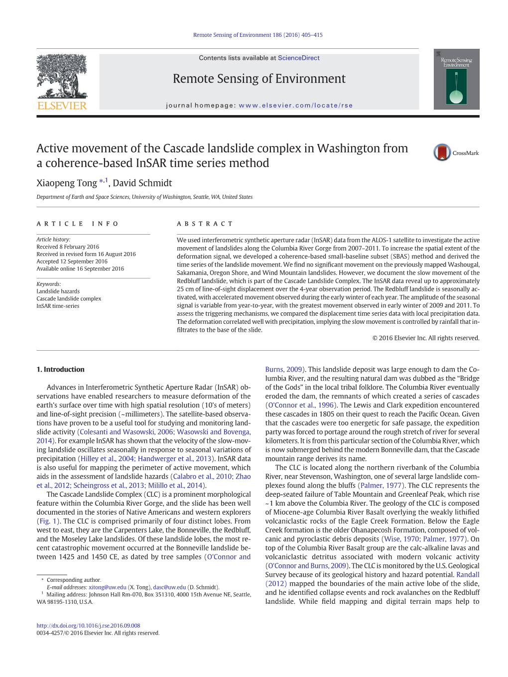 Active Movement of the Cascade Landslide Complex in Washington from a Coherence-Based Insar Time Series Method