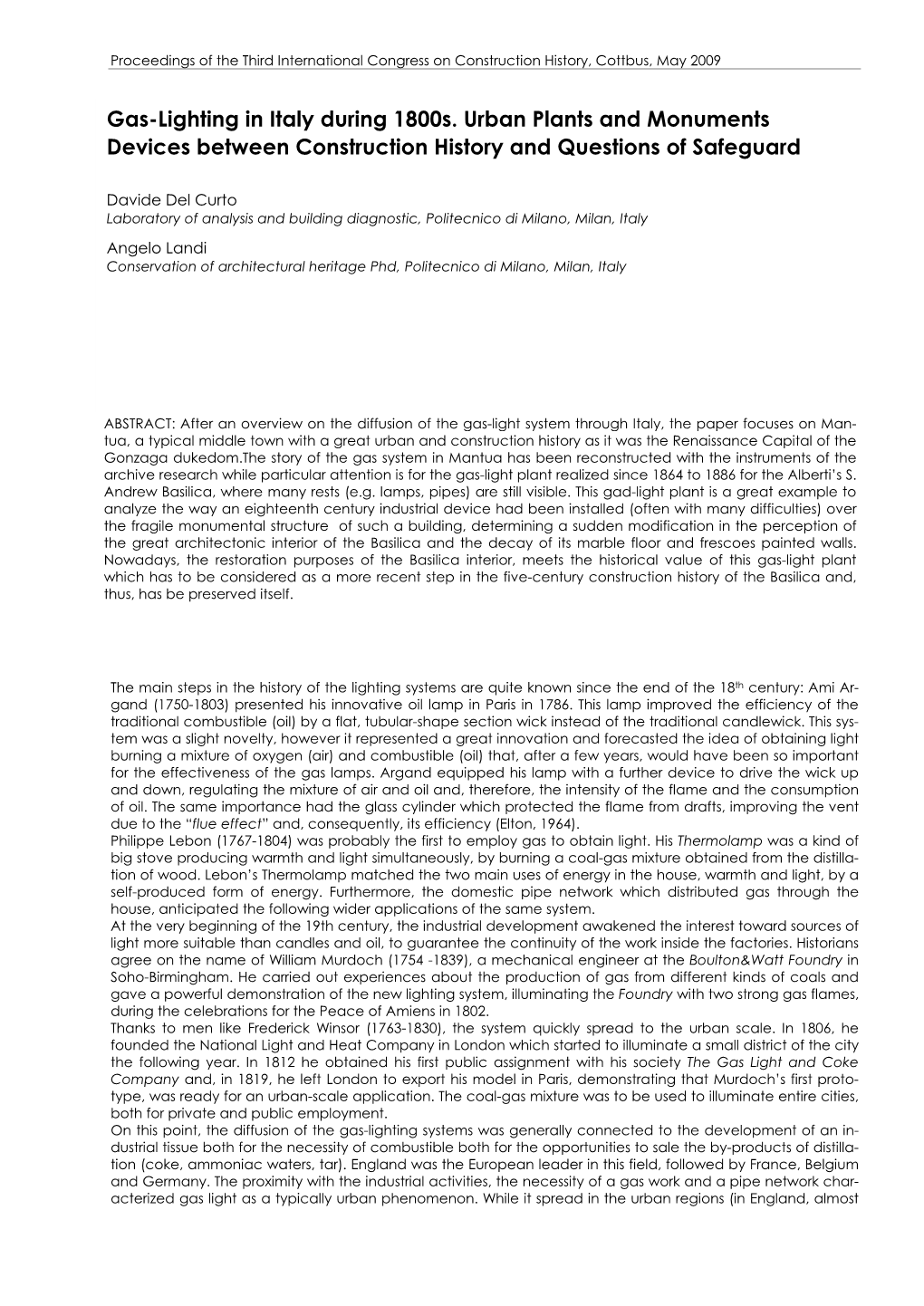 Gas-Lighting in Italy During 1800S. Urban Plants and Monuments Devices Between Construction History and Questions of Safeguard